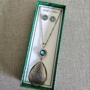 Scroll and Dots Silver Blue Rhinestone Medallion Necklace Earring Set 34"